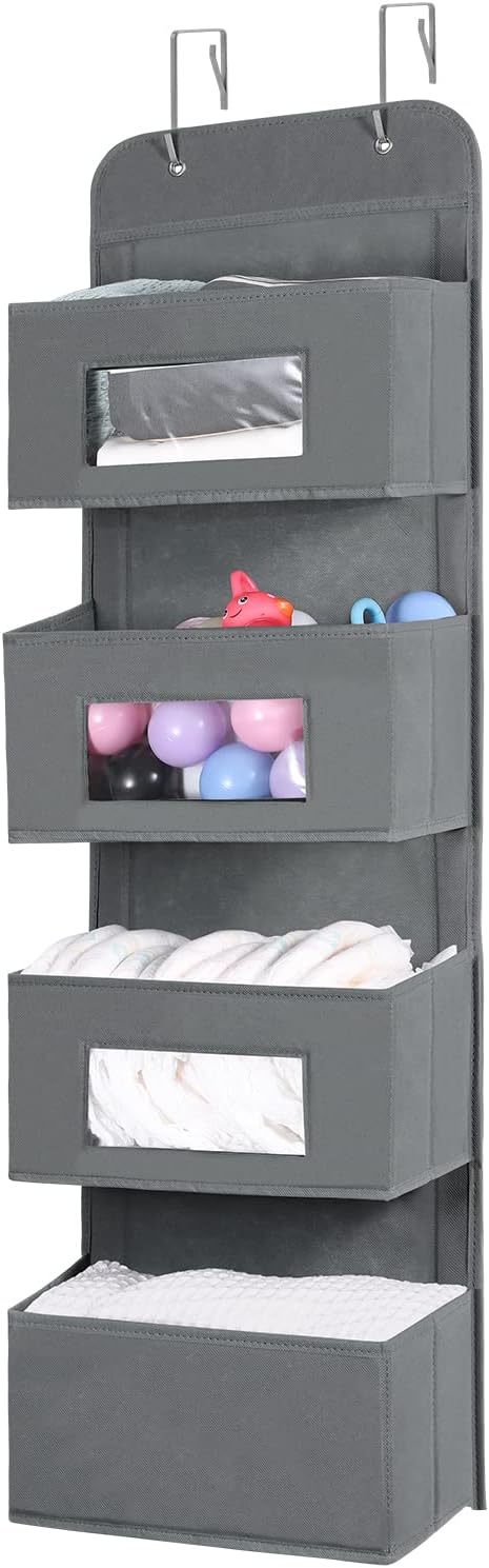 MAX Houser 4-Shelf Over The Door Hanging Organizer with 2 Metal Hooks,4 Pocket Over The Door Wall Mount Storage with Clear Windows for Baby Nursery Bathroom Closet,Bedroom,Dorm,Diapers,Kids Toys(Gray)