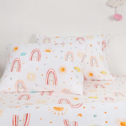 Twin Size Toddler Bedding Set for Girls- 5 Piece Rainbow Toddler Girl Bedding, Super Soft & Lightweight Toddler Comforter Set Includes Comforter, Flat Sheet, Fitted Sheet, Pillowcase (Pink)