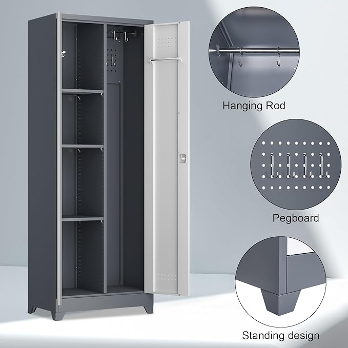 Broom Closet, Metal Storage Cabinet with Hanging Rod, 65" Broom Tool Organizer, Metal Cabinet with Doors and Shelves, Tall Cleaning Storage for Home, Office, Garage, Balcony