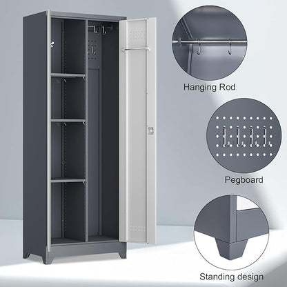 Broom Closet, Metal Storage Cabinet with Hanging Rod, 65" Broom Tool Organizer, Metal Cabinet with Doors and Shelves, Tall Cleaning Storage for Home, Office, Garage, Balcony
