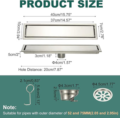 uxcell Rectangular Shower Drain, Brushed 304 Stainless Steel Odor-Proof Floor Drain Linear Shower Drain Hair Catcher for Bathroom Kitchen and Laundry Room(16 Inch, Bright Silver)
