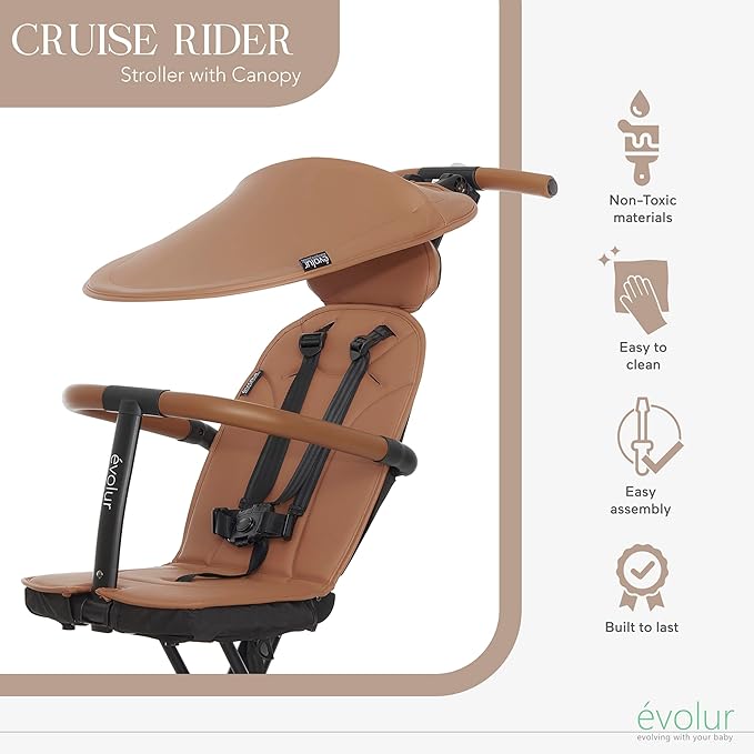 Evolur Cruise Rider Stroller with Canopy, Lightweight Umbrella Stroller with Compact Fold, Easy to Carry Travel Stroller - Cognac