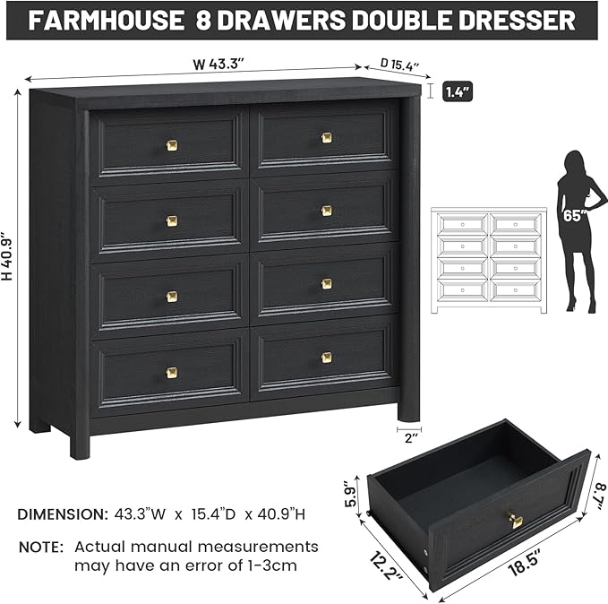 Farmhouse Dresser for Bedroom, 41" Tall Black Dresser with 8 Drawers, Soide Rustic Wood Vintage Dressers Chest of Drawers for Bedroom, Living Room, Hallway
