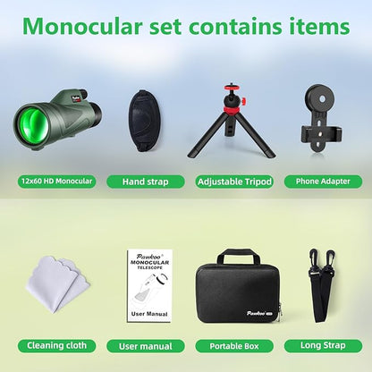 Pankoo 12x60 HD Monocular Telescope for Adults high Powered | Comes with Smartphone Adapter Tripod Hand Strap | Suitable for Bird Watching Sports Hiking Traveling