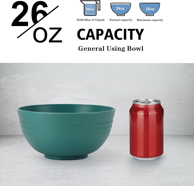 Wrova Wheat Straw Bowl Sets,8 PCS Unbreakable Cereal Bowls 26 OZ,Microwave and Dishwasher Safe Bowls,Kids Bowl suitable for cereal,salad,snack and soup (Green)