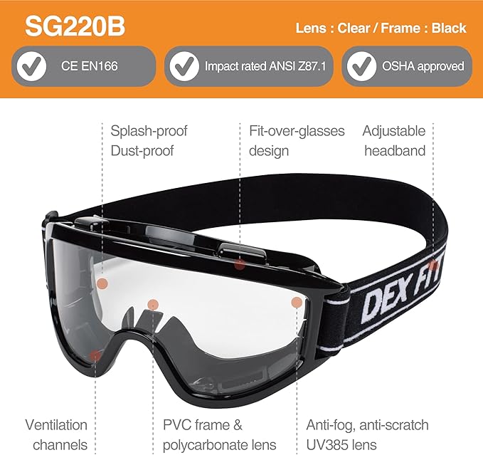 DEX FIT Protective Safety Goggles SG220B; Anti Fog & Scratch, Z87 Eye Protection for Lab, Science, and Chemistry Work, Indirectly Vented, Adjustable for Women and Men, (Black Frame, Clear Lens)