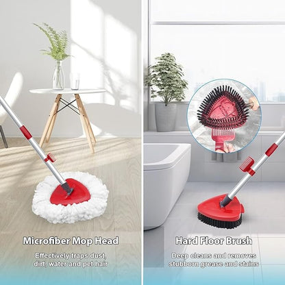 Spin Mop Head and Brush Replacement Compatible with O Cedar EasyWring 1-Tank System, 4 Mop Replace Heads, 1 Handle, 1 Base and 1 Scrub Brush Combo Set