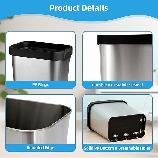 2 Pack Stainless Steel Trash Can 3 Gallon, Open Top Trash Can, 8" x 11" x 13", Rectangle Rubbish Bin, Slim and Narrow, No Lid Small Wastebasketfor Kitchen, Bathroom, Living Room, Office