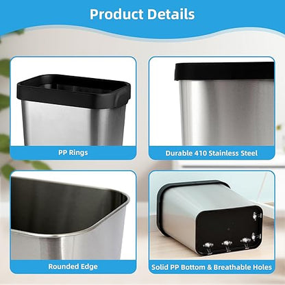 2 Pack Stainless Steel Trash Can 3 Gallon, Open Top Trash Can, 8" x 11" x 13", Rectangle Rubbish Bin, Slim and Narrow, No Lid Small Wastebasketfor Kitchen, Bathroom, Living Room, Office
