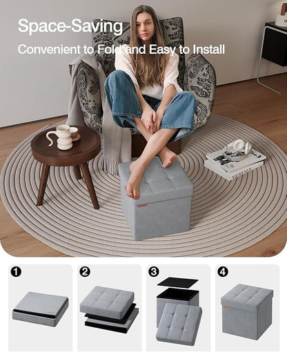 Folding Storage Ottoman, Velvet Storage Bench, Footrest, Footstool, for Living Room, Bedroom and Office,15 x 15 x 15 Inches, 300 kg Load Capacity, Dove Gray UASND04G