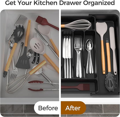 Extra Large Expandable Silverware Organizer, BPA-Free Food-Safe Cutlery Flatware Organizer, Kitchen Utensil Drawer Organizer, Adjustable Silverware Holder for Spoons Forks Knives, Black