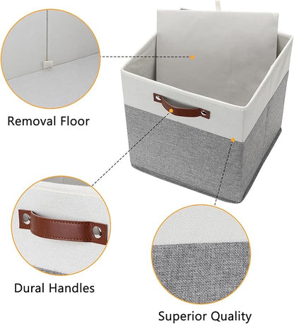 DULLEMELO Storage Cubes 13 inch, Collapsible Sturdy Cube Storage Bins With Handles for Organizing,Fabric Storage Baskets for Shelves Nursery Closet Home Organization (White&Grey-4 Pack)