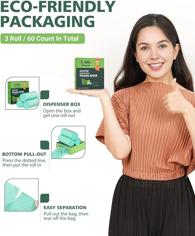 4-6 Gallon Small Trash Bags Compostable Trash Bags,AYOTEE 60 Count Ultra Strong Unscented Garbage Bag Mini TrashBags Waste Basket Liners for Bathroom, Kitchen,Bedroom, Office, Pet, Car(Green)