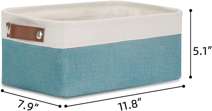 DULLEMELO Small Collapsible Fabric Basket for Organizing, Shelves, Closets, Laundry, Nursery, Decorative Gift Basket (White & Teal)