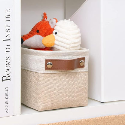 DULLEMELO Fabric Bathroom Storage Bin with Leather Handles, Narrow Organizer for Towels, Toilet Paper Rolls, Storage Basket for Back of Toilet, Vanities, Shelves & Cabinets (White&Khaki)