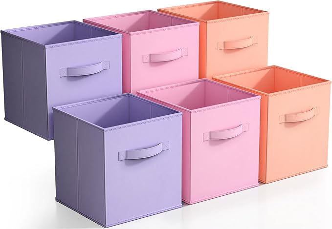 Sorbus Storage Cubes - 11" Foldable Storage Bins with Handle for Nursery, Playroom, Closet Organizers and Storage - 6 Fabric Shelf Basket for Toys, Books, Clothes - Orange Purple & Pink Storage Cubes