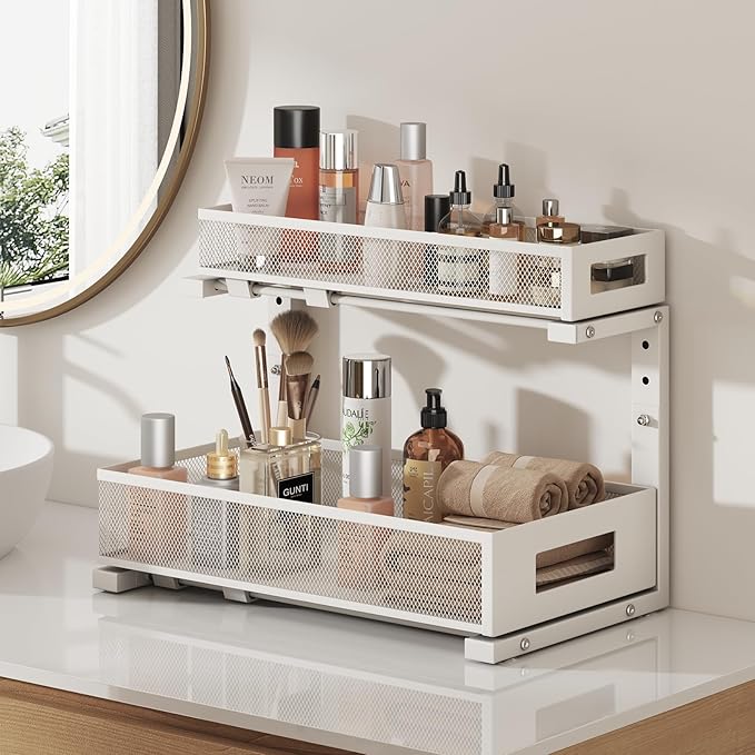 2 Pack 17IN Depth Under Sink Storage Organizer, Large 2-Tier Elegant Mesh Pull Out Shelf for Kitchen and Bathroom Cabinet Organization, L-Shaped and Adjustable Height Design-White