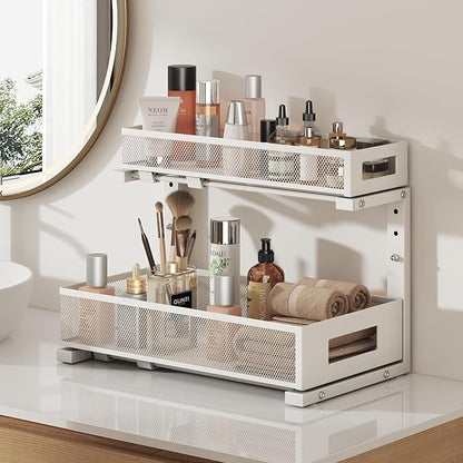 2 Pack 17IN Depth Under Sink Storage Organizer, Large 2-Tier Elegant Mesh Pull Out Shelf for Kitchen and Bathroom Cabinet Organization, L-Shaped and Adjustable Height Design-White