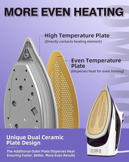 Steam Iron for Clothes - 1750W Iron with Upgrade Double-Layer Ceramic Soleplate, Burst of Steam, 3-Way Auto-Off, Self-Cleaning, Anti-Calc, 13.5oz Water Tank Ironing Clothes for Home, Purple