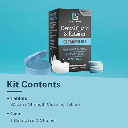Retainer Cleaner and Soak Container, No-Mess Cleaning Tablets with Universal Denture Bath Case and Strainer, Multipurpose, for Mouth Guard Stains, Odor, and Plaque (92 Tablets + 1 Bath) by M3 Naturals
