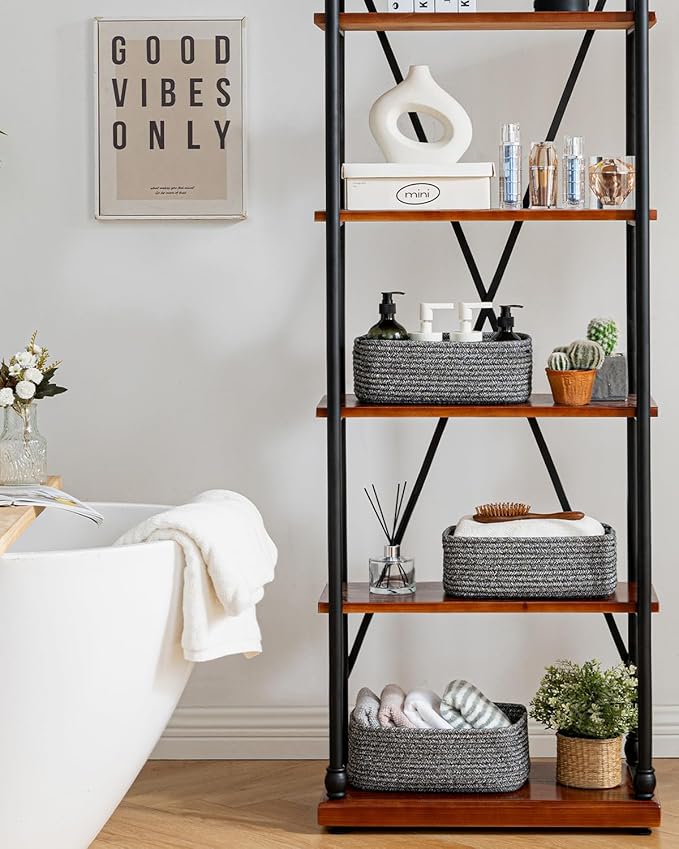 Small Woven Basket, 12 x 8 x 4.5 Inches, Storage Basket for Organizing, Cute Small Rope Shelf Closet Cube Storage Bins Baskets for Shelves, Dog Toy Gift Baskets Empty, 3 Pack Mixed Black