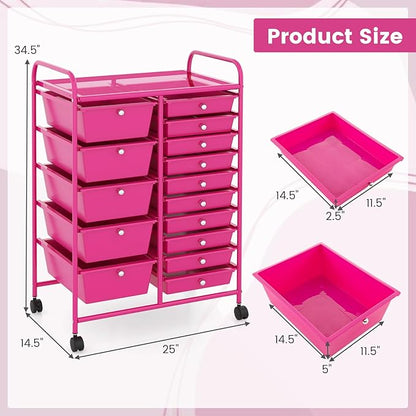 GOFLAME 15-Drawer Rolling Storage Cart, Multipurpose Movable Organizer Cart, Utility Cart for Home, Office, School, Hot Pink