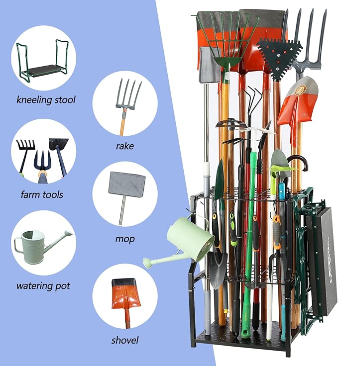 Garden Tool Organizer,Yard Tool Rack Heavy Duty,Free Standing for Garage Corner,Garage Organization,Garage Organizers and Storage,Garden Tool Holder for Lawn,Shed,Outdoor,Metal