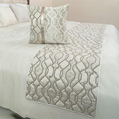 The HomeCentric King/Queen/Twin Ivory & Silver Decorative Queen 74"x18" Bed Runner with Pillow Cover, Lattice & Quilted Bed Scarf on Jacquard Silk Fabric - Ivory Delicacy