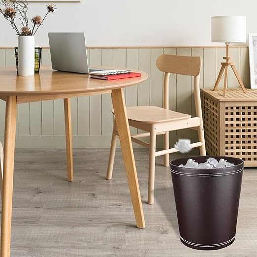 Pu Leather Trash Can for Bedroom, 2.6 Gallon Wastebasket for Office, Small Bathroom Garbage Cans for Home Decorative, Round Waste Basket Bin for Dorm Kitchen Brown