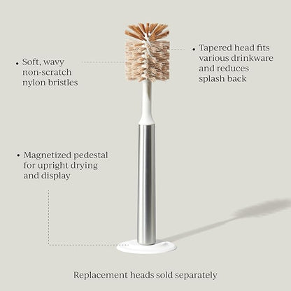 Ionic Bottle Brush, Magnetized to Stand Upright, Stainless Steel with Replaceable Head, Silver