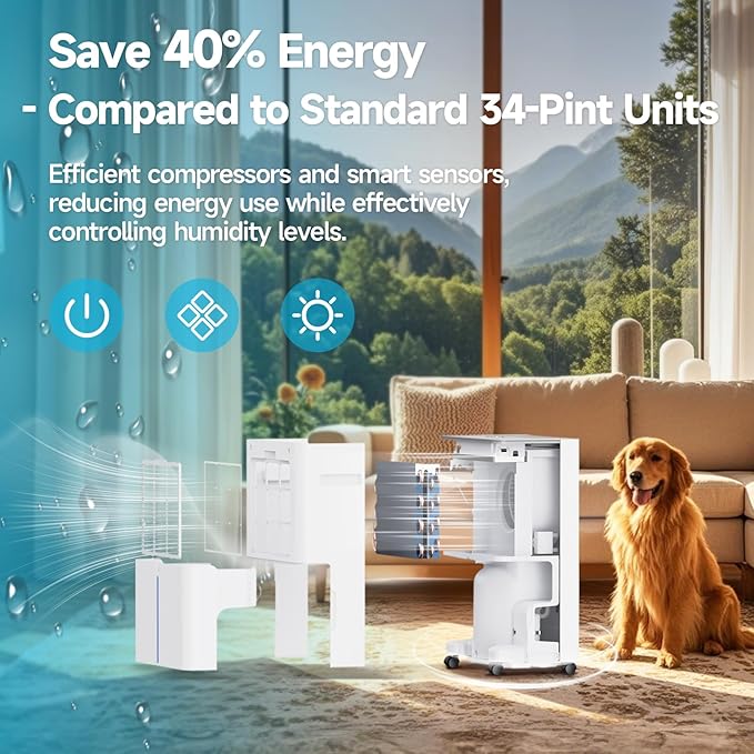 34 Pints Dehumidifiers for Home with 6.56ft Drain Hose, 2441 Sq.Ft Quite & Energy Efficient Dehumidifier for Basement Bedroom Bathroom with Auto Shut Off,2.5 L Water Tank,Smart Humidity Control