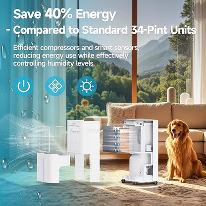 34 Pints Dehumidifiers for Home with 6.56ft Drain Hose, 2441 Sq.Ft Quite & Energy Efficient Dehumidifier for Basement Bedroom Bathroom with Auto Shut Off,2.5 L Water Tank,Smart Humidity Control