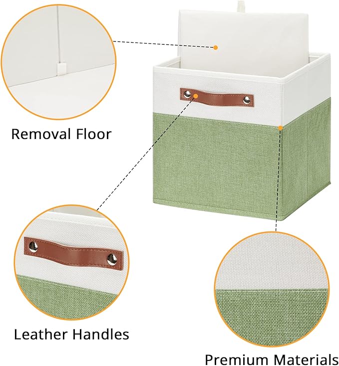 DULLEMELO 11x11 Cube Fabric Organizer Storage Bins for Shelf, Toy Square Green Bins, Kids Clothes Closet Baskets Storage, for Bedroom, Living Room, Dorm(White&Green-4 Pack)