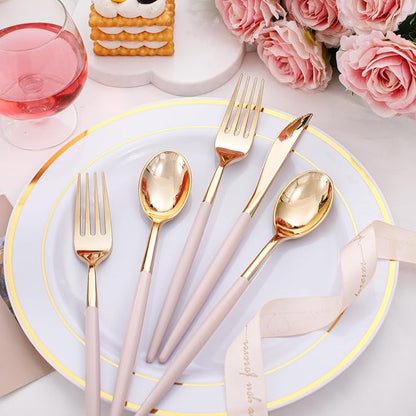 I00000 60 Pack Pink Plastic Silverware,Gold Disposable Flatware with Pink Handle, Gold Plastic Cutlery Set Includes: 20 Forks, 20 Knives and 20 Spoons, Tableware Set for Party and Wedding