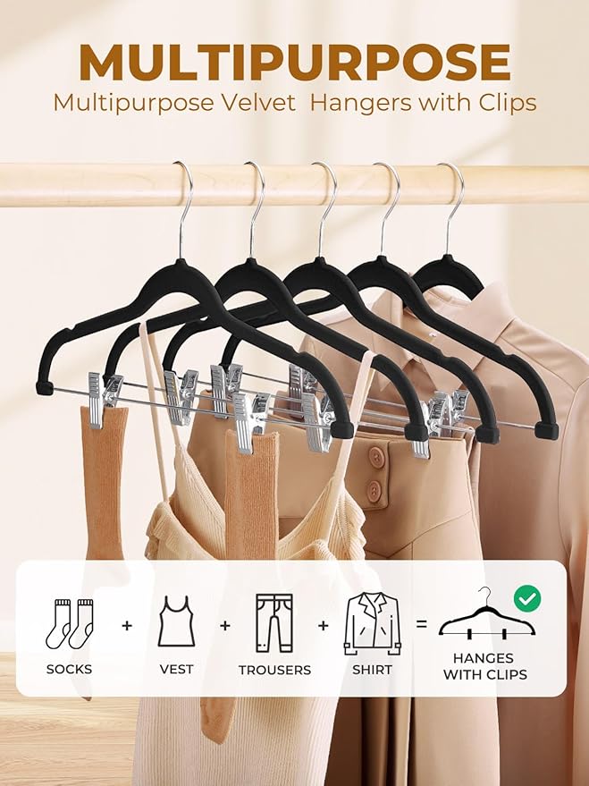 HOUSE DAY Velvet Skirt Hangers 72 Pack, Black Velvet Hanger with Adjustable Clips, Space Saving Slim Pant Hangers, Heavy Duty Non Slip Clip Hanger for Pants, Skirts, Shorts