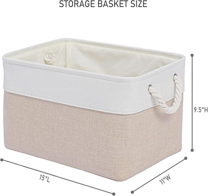 15x11x9.5 Inch Storage Baskets for Shelves,3 Pack Storage Bins，Foldable Organizer Boxes, Decorative Storage Basket for Organizing Clothes, Toys, Books, Foldable Cloth Baskets (White&Beige)