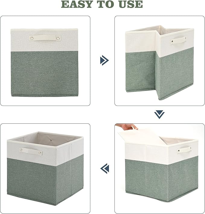 13 x 13 Inch Fine Linen Storage Bins with Handles，Fabric Cube Boxs，Collapsible Basket Organizers for Shelves for Home, Closet Drawers (White/Green-4 Pack )