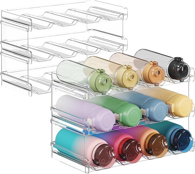 Lifewit Stackable Water Bottle Organizer for Cabinet, Plastic Bottle Holder Fits Bottles & Tumblers up to 3.8" Diameter, Pantry, Countertop & Fridge, 3 Tier Holds 12 Bottles, 2 Pack