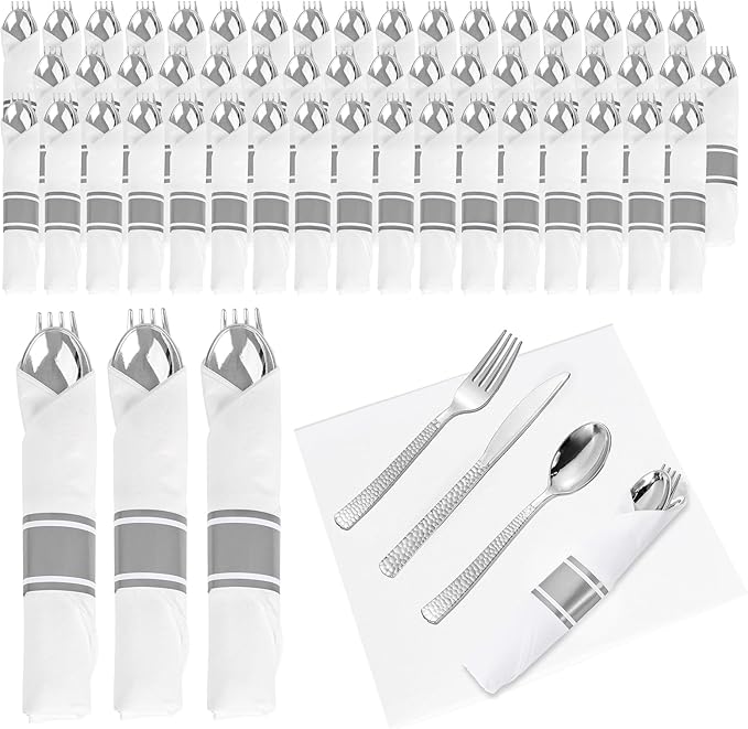 WELLIFE 400PCS Silver Plastic Silverware, Pre Rolled Silverware Set Disposable,Plastic Cutlery Includes: 100 Forks, 100 Knives, 100 Spoons, 100 Napkins, Cutlery Set Disposable