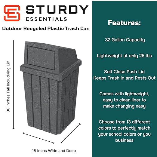 32 Gallon Square Slatted 100% Recycled Plastic Heavy-Duty Commercial Outdoor or Indoor Trash Can with Push Top Lid | Great for Schools and Businesses - Dark Granite