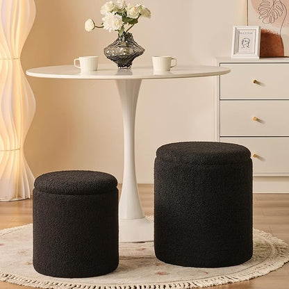 Round Ottoman with Storage Set of 2-Upholstered Sherpa Vanity Stool for Makeup Multifunctional Ottomans Coffee Table Padded Seat Foot Rest for Living Room&Bedroom(Sherpa, Black)