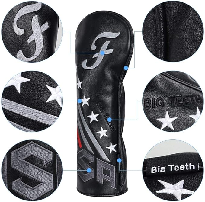 Big Teeth Golf Cover USA Stripe and Star Headcover Covers, Driver Fairway Wood Hybrid Headcovers Fits Blade Mallet Putter Iron and Woods with Magnetic Club Protector Pu Leather Golf Accessories
