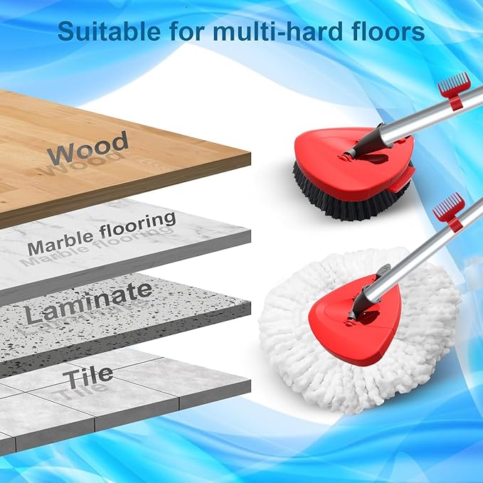 Spin Mop Head and Brush Replacement Compatible with O Cedar EasyWring 1-Tank System, 4 Mop Replace Heads, 1 Handle, 1 Base and 1 Scrub Brush Combo Set