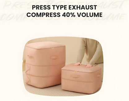 Ultra Space Saving Self Compression Organizer, 2025 New 3-Layer Zipper Large Capacity Storage Bag, Thick Satin Fabric Heavy Duty Bags for Comforters Blankets Bedding Duvet (Pink, X-Large, 21x17x24in)