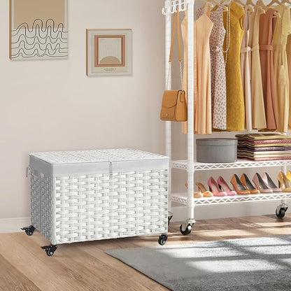 Rolling Storage Basket with Lid, 47.6 Gallon (180L) Storage Bin with Wheels, Woven Rattan Blanket Storage Basket with Handles, Foldable, Metal Frame, Removable Liner for Bedroom, Laundry Room, White
