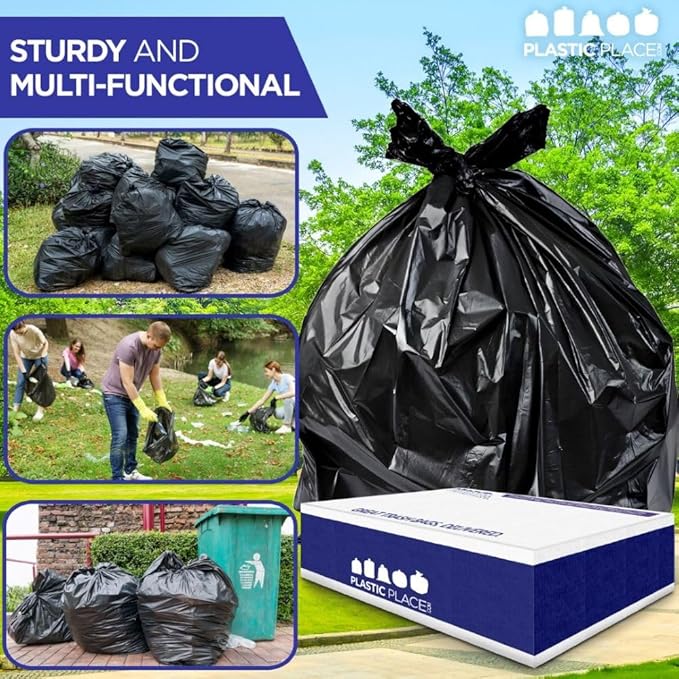 Plasticplace Contractor Trash Bags 33 Gallon - 3.0 Mil, Heavy Duty Garbage Bag 33” x 39”, Black, 50 Count