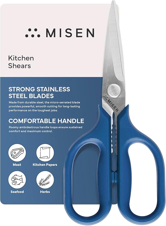 Misen Heavy Duty Kitchen Shears - Comfortable Ambidextrous Scissors for Meat, Poultry, Herbs & More - Easy to Clean - German Stainless Steel - Small | Blue