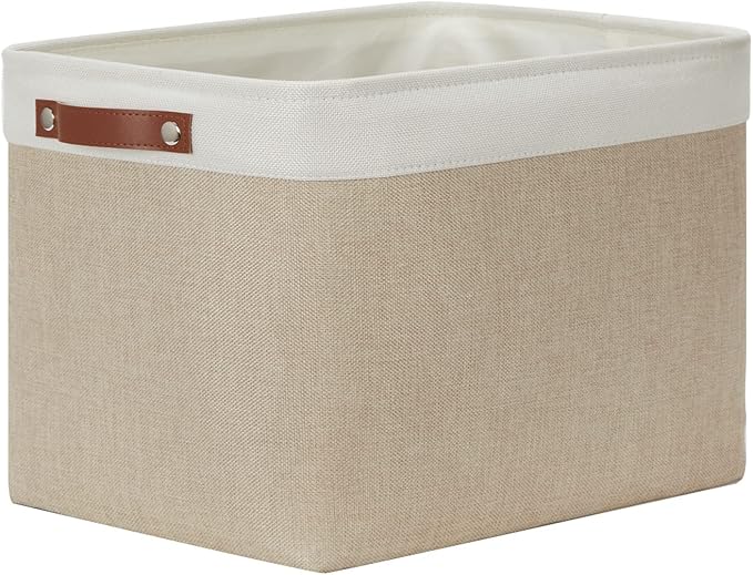 DULLEMELO Storage Baskets Large 16"x12"x12" Tall Rectangular Baskets Fabric Storage Bins for Organizing [1 Pack] Collapsible Linen Shelf Baskets for Clothes, Toys, Closet, Laundry (White&Khaki)