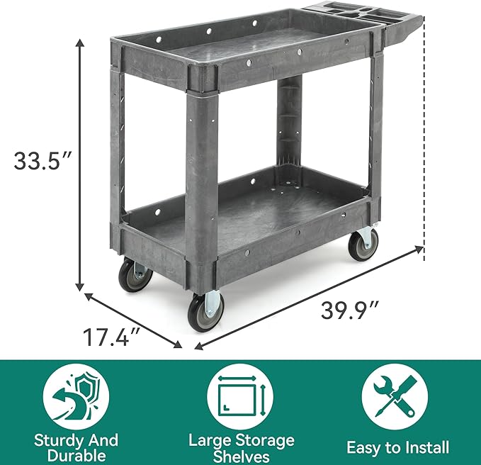 YITAHOME Utility Cart on Wheels, 550 lbs Capacity Service Cart, 40 x 17 Inch Rolling Work Carts, 2 Shelf Heavy Duty Plastic Cart Suitable for Warehouse, Garage, School & Office, Cleaning, Gray