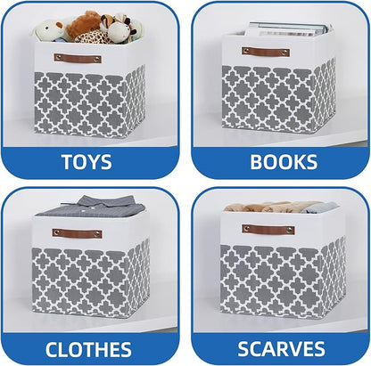 Temary 12x12x12 Fabric Storage Bins 4 Pack with Leather Handle, Foldable Cubes Storage Box Baskets for Closet, Shelf (White&Lattice)